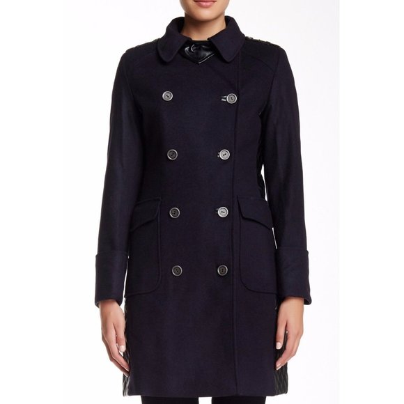 $750 BARBOUR Lieutenant Wool Cashmere Blend Coat MIX MEDIA FAUX LEATHER NAVY - Picture 3 of 8